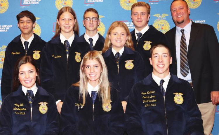 Paoli High School FFA officers, back row, from left: Gage Walker - Secretary; Gracie Newton - Reporter; Kaden Dethrage - Treasurer; Rosie Terkowski - Vice -President; Skylar Weatherford - Sentinel; and Ty LaRue - Advisor. Front row: Abby Bell of Bristow - State FFA Reporter; Katy Price - Paoli FFA President; and Kade McGowen of Maysville - Central Area Vice President. Courtesy photo
