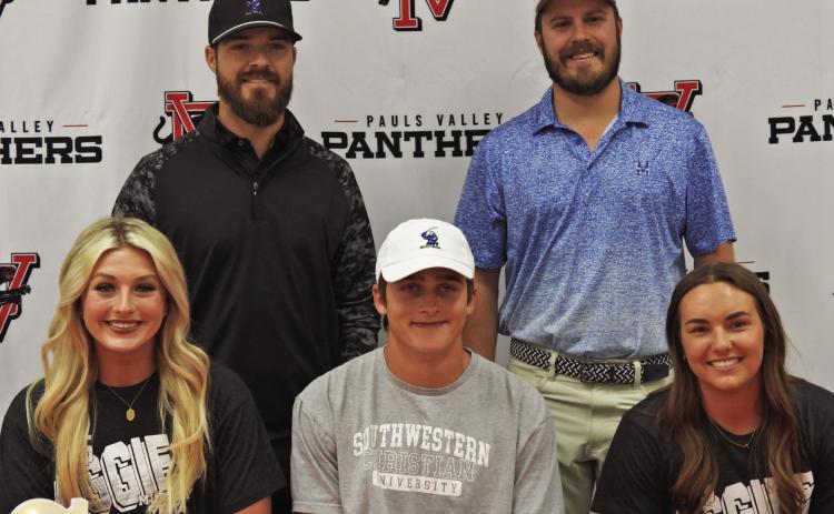 Pauls Valley High School golfers Jaylye Stokes, Dakota Weatherford and Madi Caldwell (seated front) with Southwestern Christian University Golf Coach Aaron Sexton (back left) and Murray State Golf Coach Lukas Coppedge (back right) during Tuesday’s signing ceremonies. News Star photo by Chris Mackey