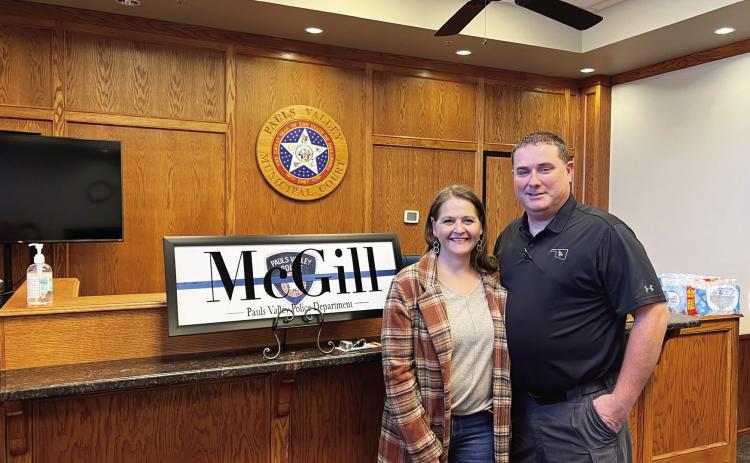Pauls Valley Police Chief Mitch McGill with his wife, Jill, at a retirement party in his honor at the PVPD Monday.