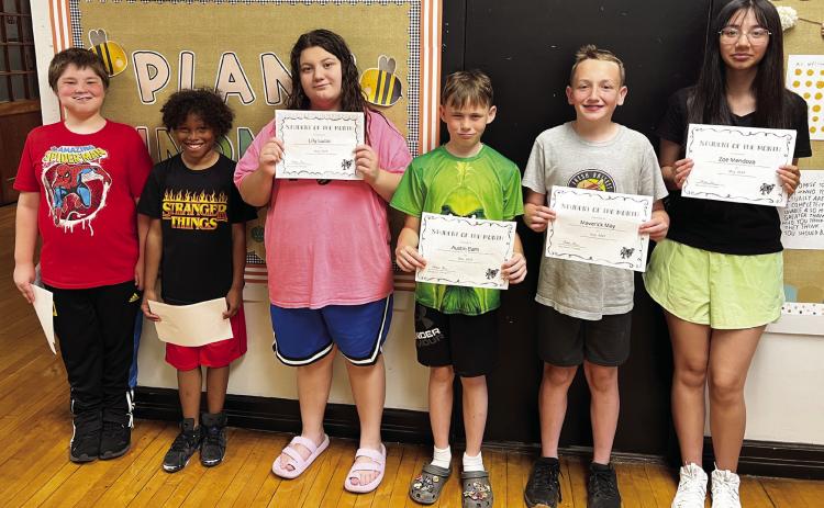 May students of the month at Pauls Valley Intermediate School are (left to right) Shayden Maddox and Paris Burnett, fourth grade; Lilly Lucas and Austin Elam, fifth grade; and Maverick May and Zoe Valentina Mendoza, sixth grade. Courtesy photo