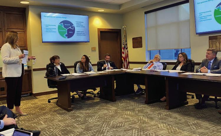 Jessica Hawkins with Healthy Minds Policy Initiative answers questions about local grant funding from the Opioid Abatement Board in Oklahoma City on Wednesday, Dec. 6, 2023. (Paul Monies/Oklahoma Watch)