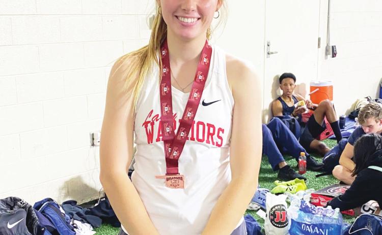 Maysville’s Abby McHugh placed fifth in the 60-meter hurdles at an indoor track meet at the University of Oklahoma’s Mosier Indoor Facility Feb. 19. Her performance earned her a top 10 ranking in the state for the 60-meter hurdle event. Courtesy photo