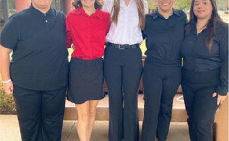 FCCLA members from Maysville High School attending the Lead Conference on September 13 at Duncan included, from left, Bridget Crawford, Raegan Howard, Alea Sherrill, Samantha Landeros, and Emily Rios. Mrs. Haly Murray is the MHS FCCLS Advisor. Courtesy photo.