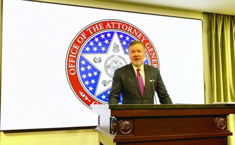 Oklahoma State Attorney General Gentner Drummond said his office plans to contract with outside law firms to help with a possible lawsuit against energy market manipulators. Drummond made the announcement at a press conference Tuesday. (Paul Monies/Oklahoma Watch)