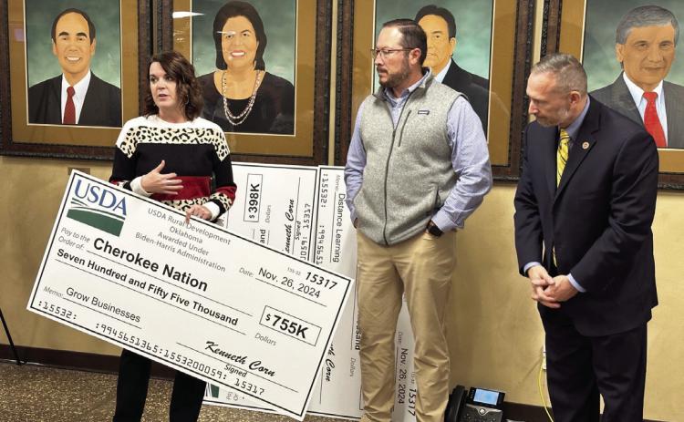 Left to right: USDA Rural Development Business and Cooperative Programs Director Amy Cowley, Deputy Principal Chief of the Cherokee Nation Bryan Warner, and State Director USDA Rural Development Kenneth Corn at a Rural Business Development Grant presentation for the Cherokee Nation that will assist with entrepreneurs in the Tahlequah area. Courtesy photo