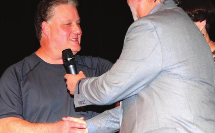 Mitch Sasseen has shown himself to be a very helpful friend to the Pauls Valley Opry over the years and was recognized for his contributions recently at the 2020-21 Awards Show. He became a member of the Pauls Valley Opry Hall of Fame and is shown here with Woodie Hill of the Opry. Courtesy photo