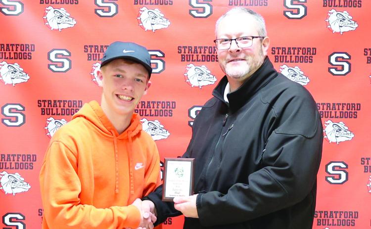 Stratford freshman Lincoln Hall (left) was named student of the month for September. Students are nominated and selected based on the following criteria: attendance, scholarship, leadership, school spirit, personality and attitude. Hall is the son of Jared and Becky Hall. Josh Suther with BancFirst, a sponsor of Stratford’s student of the month, presented Hall with his plaque.