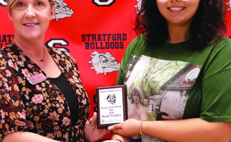 Stratford senior Rachel Vandiver receives the May student of the month award from Dina Henley of Oklahoma Heritage Bank. Courtesy photo