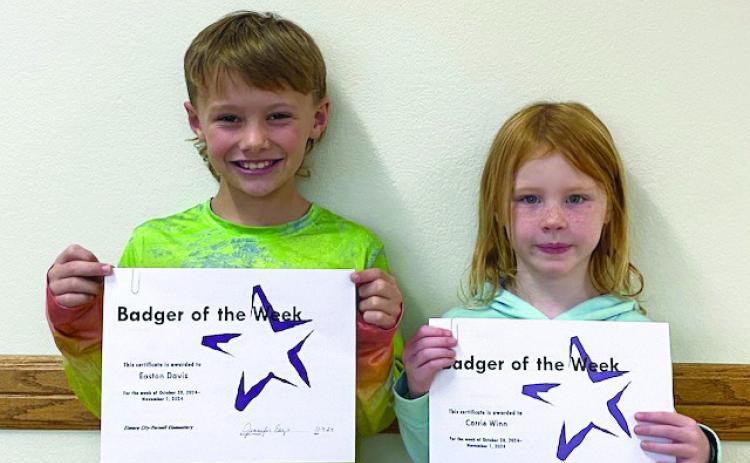 Elmore City-Pernell Elementary's Badgers of the Week for Nov. 4 are Easton Davis and Carrie Winn. Easton is in Mrs. Huebner's class, and Carrie is in Mrs. Faucett's class. The Badger of the Week program is sponsored by Danny and Nancy Dill. Courtesy photo