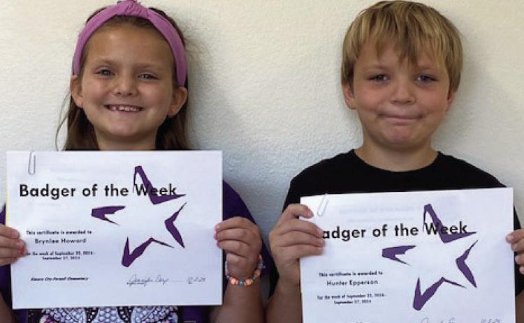 Elmore City-Pernell Elementary School Badgers of the Week for Sept. 30 are Brynlee Howard and Hunter Epperson. Brynlee is in Mrs. Castner's class, and Hunter is in Mrs. McConnell's class. The Badgers of the Week program is sponsored by Danny and Nancy Dill. Courtesy photo