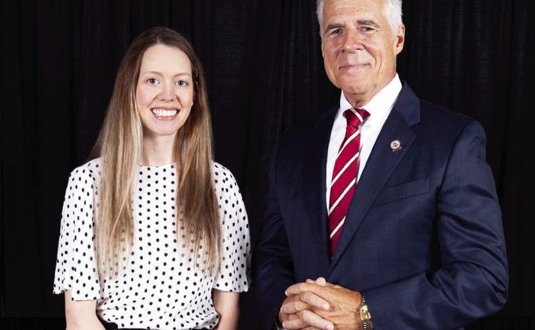Cayli Cohrs, a second-year OUCOD dental student and Elmore City resident, is one of 10 dental students receiving a $10,000 scholarship this year. Cayli is shown here with DDOK president and CEO John Gladden. Cayli is the daughter of Glennis and Cyndi Ivey Ring of Maysville. Courtesy photo