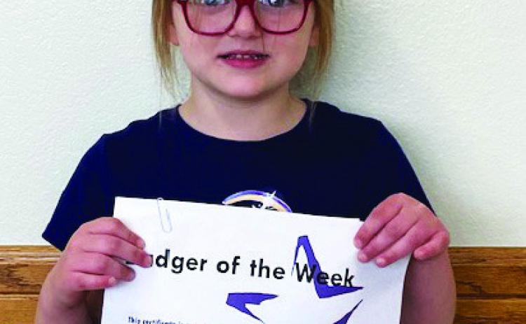 Willow Maddox is ECP Elementary Badger of the Week for March 11. She is in Mrs. Faucett's class. Photo courtesy of Jennifer Earp.
