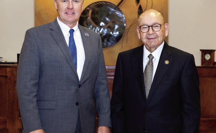 Chickasaw Nation Governor Bill Anoatubby, right, and Murray State College President Tim Faltyn recently signed documentation to acknowledge their respective institutions’ partnership in a USDA Climate-Smart grant.