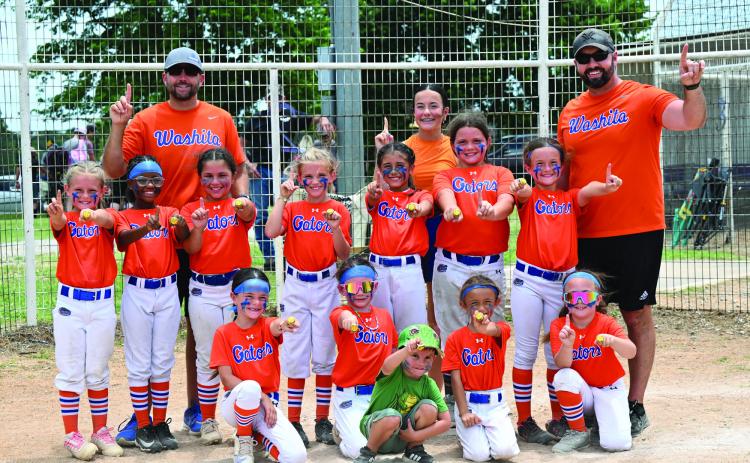 The Washita Gators went undefeated in the Garvin Murray OK Kids League 8U Softball for the 2026 season. Below (l) Cami Ruiz runs the bases and (r) Emery Lopez tries to get an extra base run during the 8U Softball game in Lindsay on Sunday. News Star photos by Don Coffey
