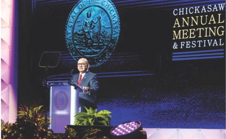 Chickasaw Nation Governor Bill Anoatubby delivers the 2022 State of the Nation address during last year’s Chickasaw Annual Meeting and Festival. Courtesy photo
