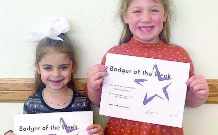 Elmore City-Pernell Elementary's Badgers of the Week for December 5 are Stassi Johnson and Hadley Sherrill. Stassi is in Mrs. Watson's class, and Hadley is in Mrs. Ferris' class. Photo courtesy of Jennifer Earp