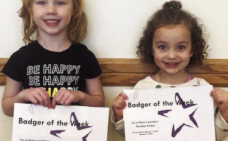 Elmore City-Pernell Elementary Badgers of the Week for the week of February 5 are Carrie Winn (left) and Brettlee Parker. Both girls are in Mrs. Watson's class. Photo courtesy of Jennifer Earp