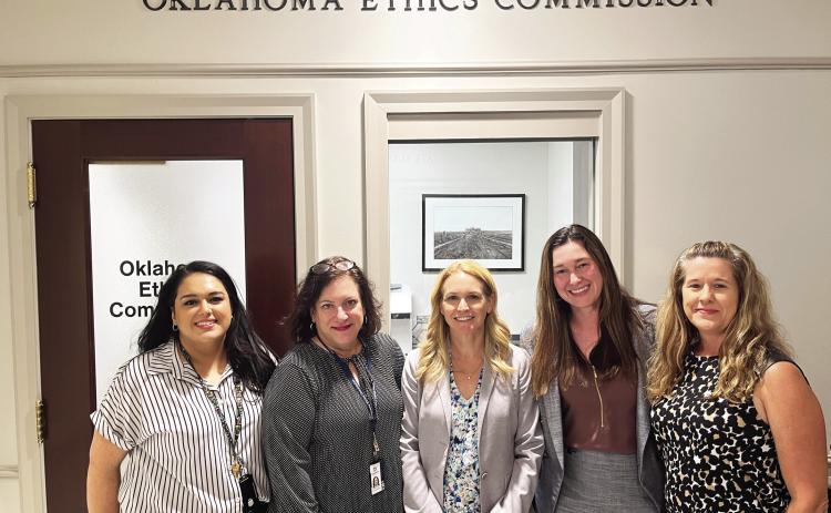 Oklahoma Ethics Commission staff pose for a photo at the Oklahoma State Capitol June 6. From left to right: Compliance Officer Diana Diaz, Compliance Officer Denise Klein, Executive Director Ashley Kemp, General Counsel Stephanie McCord and Senior Compliance Officer Darci McKee. Photo by Keaton Ross/Oklahoma Watch