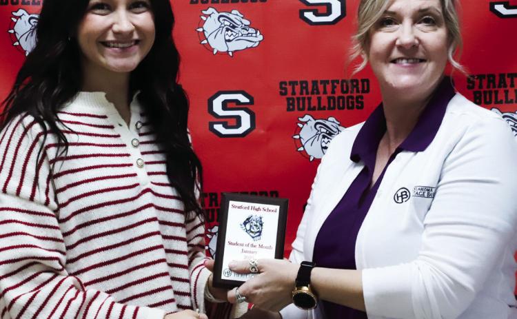Trinity Bess was recently honored as one of four Stratford High School students of the month for December 2024. Bess is the daughter of TJ and Jade Gaines. Her award was presented by Dina Henley of Oklahoma Heritage Bank. Courtesy photo