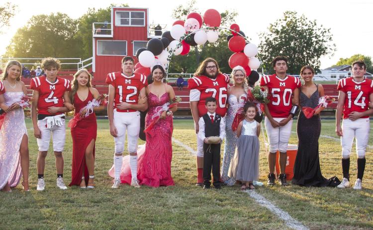Left to right: Kevin Alviso, Claire Mann, Holden Tyler, Danielle Reed, James McGregor, Randi Townley, King Brock Driscoll and Queen Emmy Wigley, Patricio Recendiz, Raegan Howard, Bryce Shannon, Allison Sanders. Front: Crown-bearer Augustus Bain and Flower Girl Linnex Arnold. News Star photo by Kristy Schrader