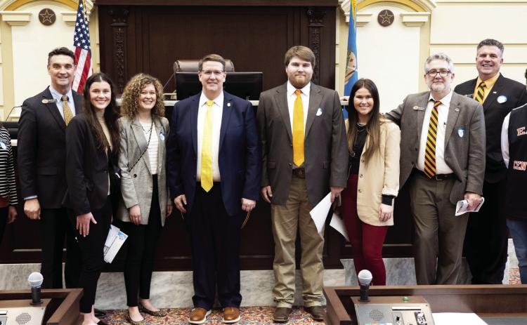 A group from East Central University visited with Ada Senator Greg McCortney this past Tuesday. The delegation was among hundreds of visitors from colleges and universities throughout Oklahoma who attended Higher Education Day at the state Capitol. Courtesy photo.