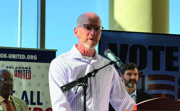 Anthony Stobbe, an independent voter from Edmond and one of three proponents for putting an open primaries question before Oklahoma voters, speaks at a Yes on 835 press conference Tuesday. Keaton Ross/Oklahoma Watch