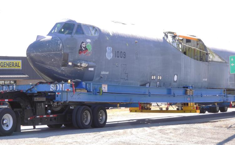 The fuselage of a B-52H bomber passed through Garvin County Friday morning on its way to a Boeing facility in Oklahoma City. Photo by Chris Mackey.
