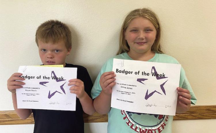 Badgers of the Week for Aug. 14-18 are Hayes Davis and Chloe Jones. Hayes is in Mrs. McConnell's class, and Chloe is in Mrs. Huebner's class. EC-P schools would like to thank Danny and Nancy Dill for sponsoring the Badgers of the Week. Courtesy photo