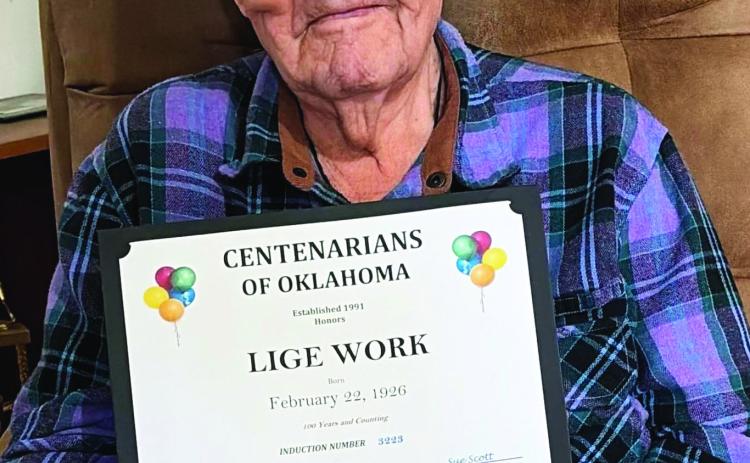 Lige Work of Lindsay recently turned 100 and was iinducted into the Centenarians of Oklahoma Hall of Fame. Courtesy photo