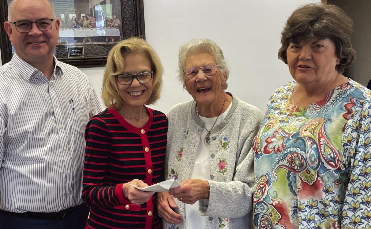 The Antioch ABC OHCE club of Garvin County recently made a donation to the Purcell First Christian Church in memory of fellow club member Jeanne Rowlett. Pictured left to right are Pastor Robert Ferris, Church Treasurer Carma Taylor, Antioch ABC President Chestine Box and club and church member Carol Darrow. Courtesy Photo