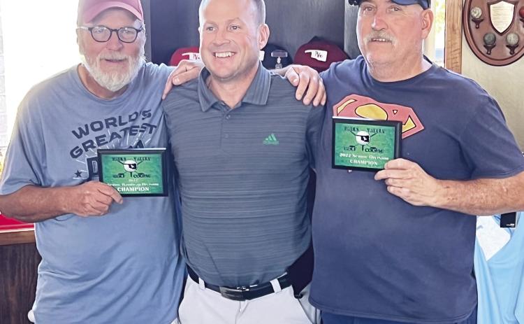 The Pauls Valley Municipal Golf Course hosted its annual Men's Senior Club Championship Oct. 20-21. PVMGC Club Pro and Superintendent Dean Browning (center) congratulates Ron Battenfield (left) for winning first place in the Handicap Scoring Division and Kerry Lynn (right) for winning Senior Club Champion. Photo courtesy of Shelly Woodall