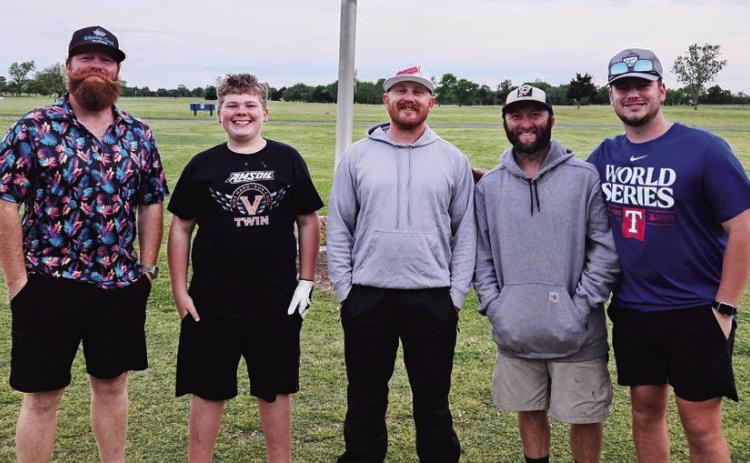 From left: Dalton Wilcox, Cole Malone, Dusty Jablinske, Jaycob Carlton and Connor Williams pose for a photo at the conclusion of the April 18 Thursday night scramble competition at the Pauls Valley Municipal Golf Course. Photo courtesy of Shelly Woodall.