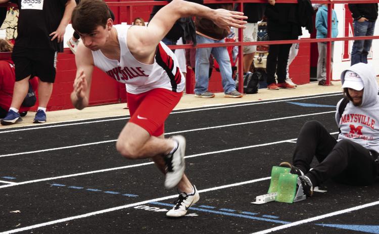 Maysville Warrior Bryce Shannon jumps out of the starting blocks earlier this year at the season opening track meet in Maysville. News Star photo by Chris Mackey