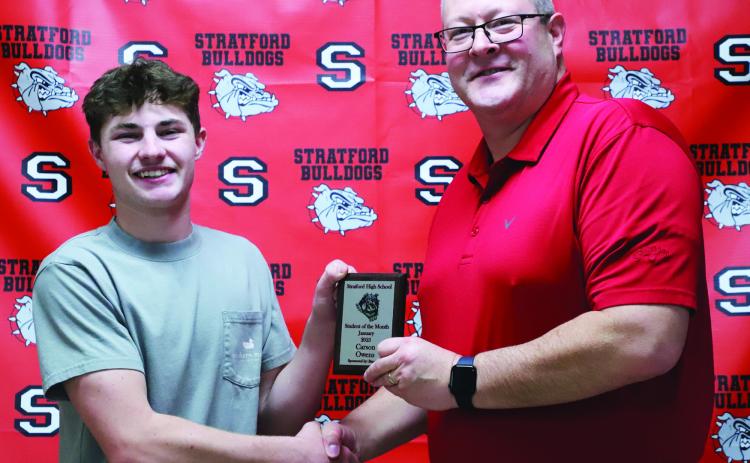 Carson Owens was recently honored as one of four Stratford High School students of the month for January. Owens is the son of Carl Owens and Meresa Clark. His award was presented by Josh Suther of BancFirst. Courtesy photo