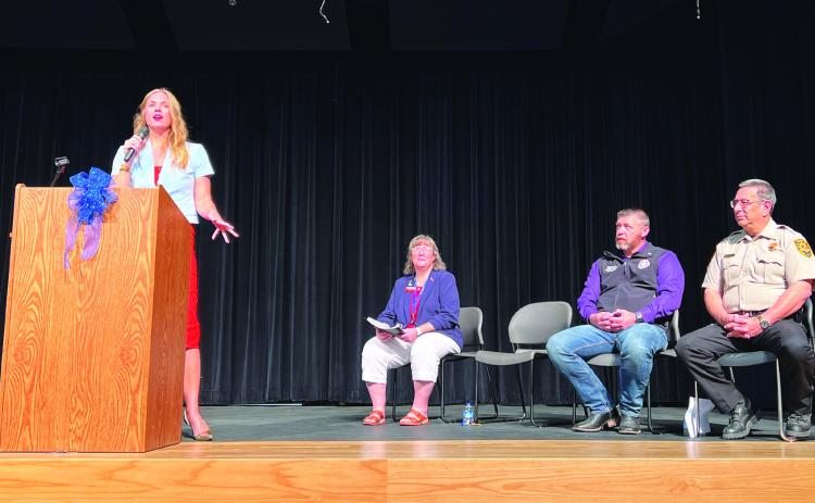 State Sen. Kendal Sacchieri (left) speaks to Pauls Valley Junior High students during a Constitution Day assembly Wednesday. Joining Sacchieri on stage were (l-r) PVJH staff April Brown, Sen. Jonathan Wingard and Garvin County Sheriff Jim Mullett. News Star photo by Suzanne Mackey