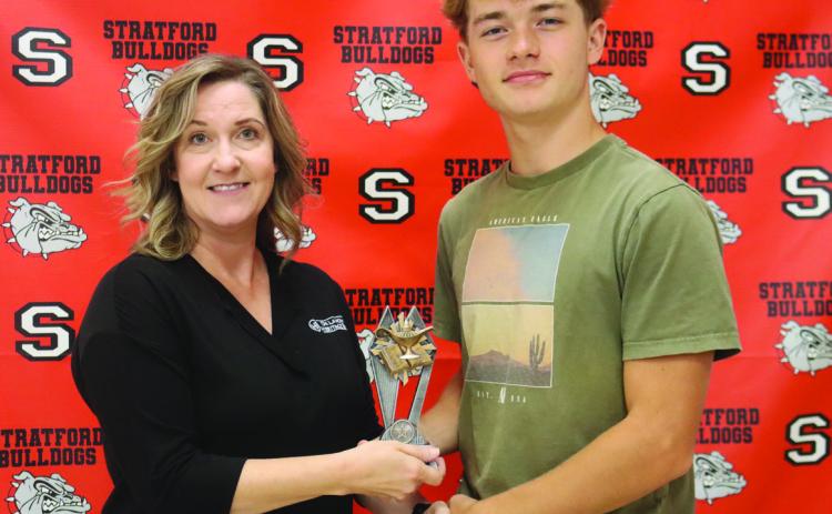 Camon McNew was recently named August Student of the Month at Stratford High School. McNew is the son of Jonathon and Crystal Stanfield. His award was presented by Dina Henley of Oklahoma Heritage Bank, a sponsor of the Student of the Month program. Courtesy photo