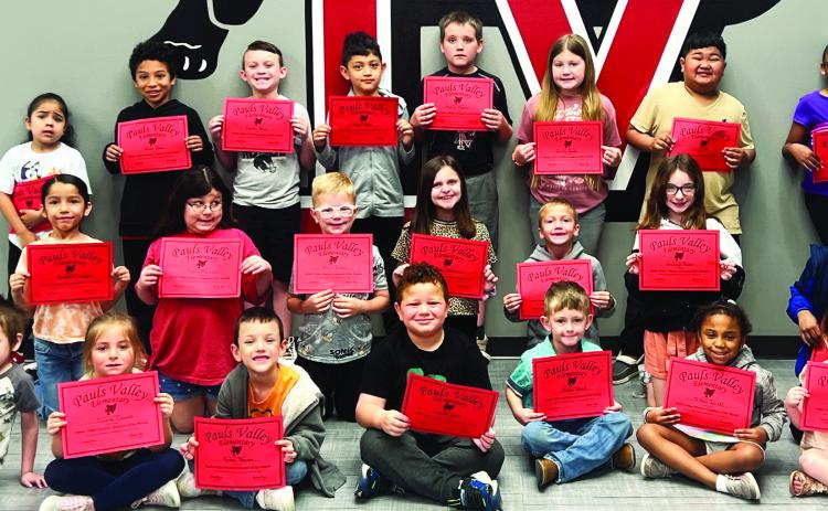Pauls Valley Little Panthers for the month of March are (back row, l-r) Manuel Ocampo, Noah Jones, Easton Green, Keven Madrid Perez, Kellan Choate, Zailey Sandy, Kosal Tep, Tytiana Jordan and Brixtyn Jolley. Middle row, l-r: Giovanna Salazar, Amelia Martinez, Keith Poage, Braylee Weilenman, Chaston Eckert, Jayleigh Baker and Landon Deshazer. Front row. l-r: Colden Hutchings, Tinzlee Claunch, Russel Bowen, Jensen Kraft, Kason Ward, D'Asia Jarrett and Avery Humphries. Courtesy photo