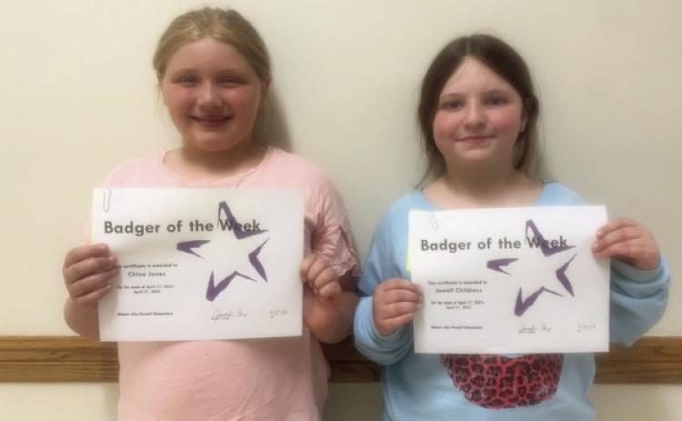 Elmore City-Pernell Elementary Badgers of the Week for April 17 are Chloe Jones (left) and Jewell Childress (right). Chloe is in Mrs. Castner's class, and Jewell is in Mrs. McConnell's class. Photo courtesy of Jennifer Earp.