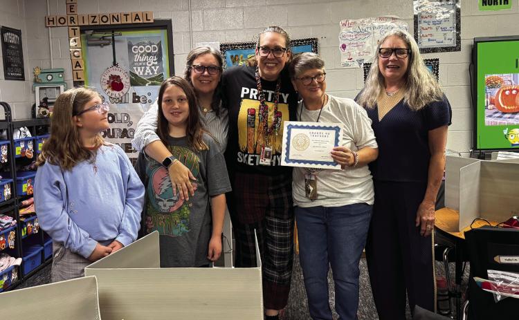 Whitebead teacher Rebecca Miller receives the Pauls Valley Foundation for Academic Excellence's Colley Family Grant Oct. 14, awarded to the third highest scoring grant application. Pictured left to right are Alice Babcock, Helen Newton, Anna Colley Newton, Erin Colley Babcock, Miller, and Ruth Anne Colley. Courtesy photo