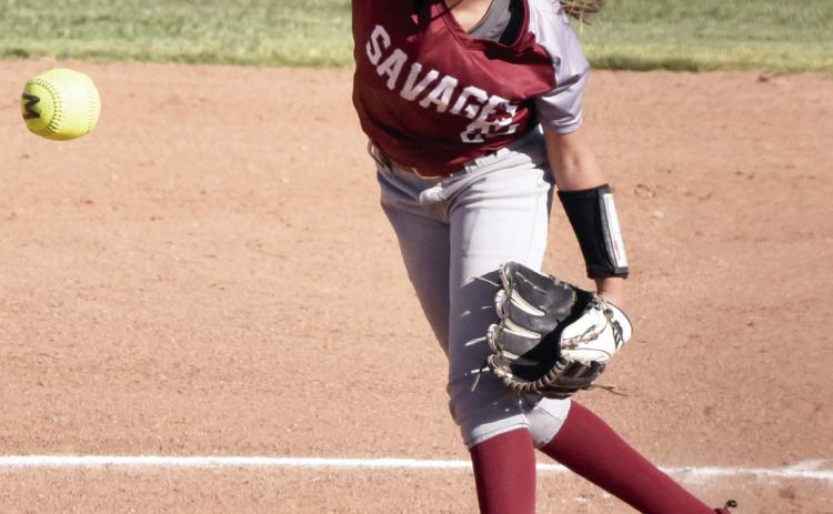 Wynnewood Jr. High’s Paxton Mooney throws three and two-thirds innings, striking out one and batting, she hits a single and scores on a fly ball from Kenley Hubbard. News Star photo by Don Coffey