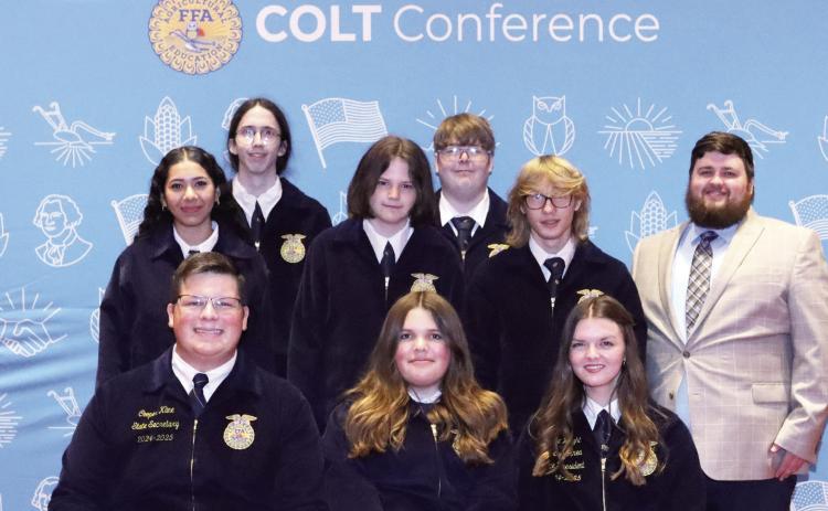 Paoli FFA officers attending the COLT Conference Sept. 3 included (back row, l-r) Ervin Speerbrecher, parliamentarian; Tristan Blankenship, treasurer; (middle row) Isabel Sanchez, secretary; James Speerbrecher, sentinel; William Reeder, reporter; Adviser Johnathan Summers; (front row) Cooper Kline, North Rock Creek, state secretary; Addison Finley, Paoli vice president; and Grace Wright, Stratford, central area vice-president. Courtesy photo