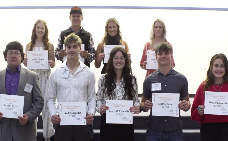 REC’s Scholarship winners. Front row (left to right): Baylan Byrd of Alex, Andon Register, Jacey McReynolds and Bentley Kesler of Lindsay and Gracie Edwards of Maysville. Back row (left to right): Mallory Sager of Pauls Valley, Austin Hines of Lindsay, Jacey Bordwine of Dibble and Gracie Selzer of Alex. Not pictured, Konner Shebester of Alex. Courtesy photo.
