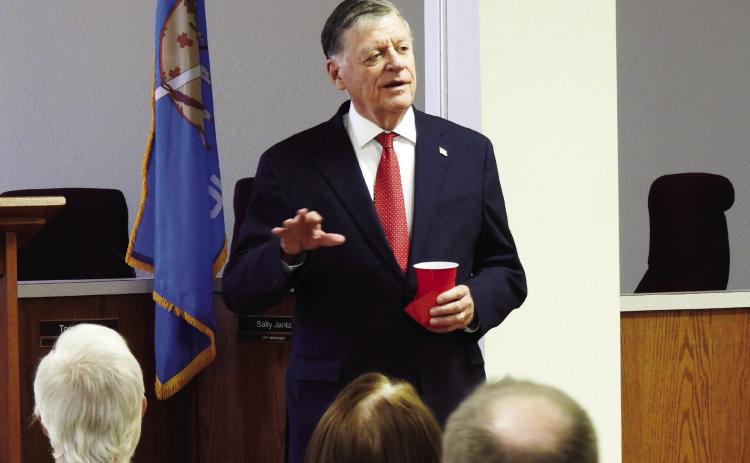 Rep. Tom Cole speaks to local residents during a community meeting in Lindsay last week. Cole discussed a wide range of topics including border security, the budget, the war in Ukraine and energy. News Star photo by Chris Mackey