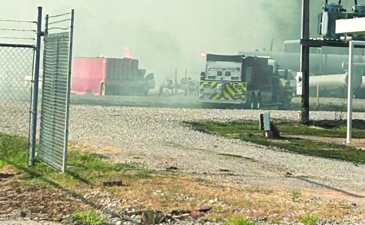Emergency crews from multiple agencies responded to a vapor cloud explosion at an Enerfin Resources substation on State Highway 19 west of Maysville Wednesday morning. Three Enerfin employees sustained burn injuries in the explosion and were transported by medical helicopter to Oklahoma City hospitals. Photo courtesy of Garvin County Sheriff’s Office