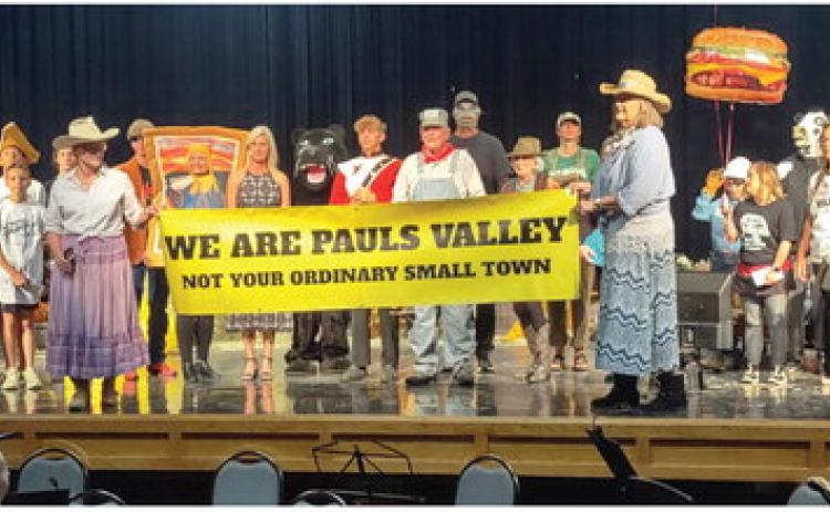 Area residents gathered on the PVHS stage to participate in a pantomime performance paying tribute to iconic Pauls Valley items Sept. 16 during the Garvin County Choral Society and Sinfonietta’s production of Marriage of Figaro - On the Ranch. Photo courtesy of Steve Freeman