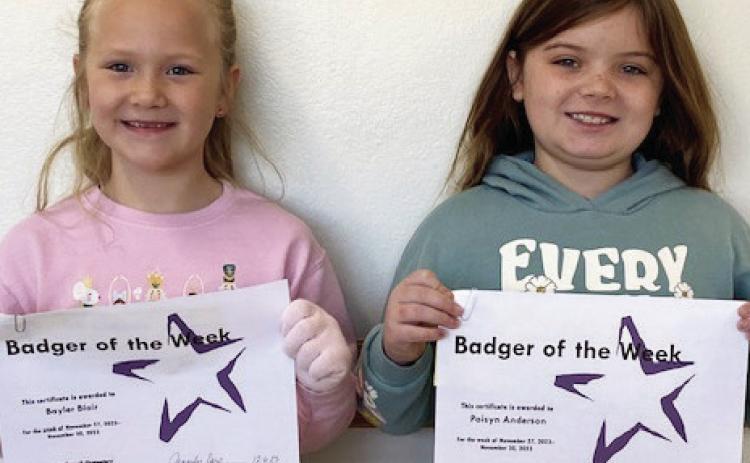 Elmore City-Pernell Elementary Badgers of the Week for the week of Nov. 27 are Bayler Blair (left) and Paisyn Anderson. Bayler is in Mrs. McCleskey's class, and Paisyn is in Mrs. Castner's class. Photo courtesy of Jennifer Earp.