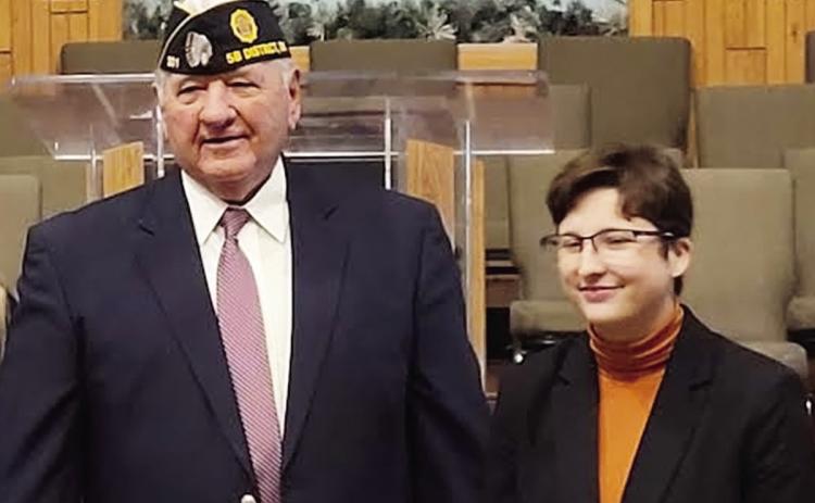 Lindsay senior Nola Salie was presented with a bronze pin and $100 cash award by Dale Haynes, Dist. 5B commander after placing third in the American Legion’s District 5B oratorical contest. She is the daughter of Chris and Misty Salie of Lindsay. News Star photo courtesy of Sheryl Kochert.