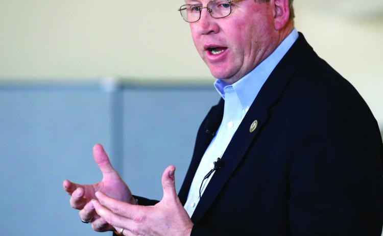 Congressman Frank Lucas speaks to visitors during a town hall meeting in Sapulpa, Okla., on February 22,2017. (Tulsa World Archive)