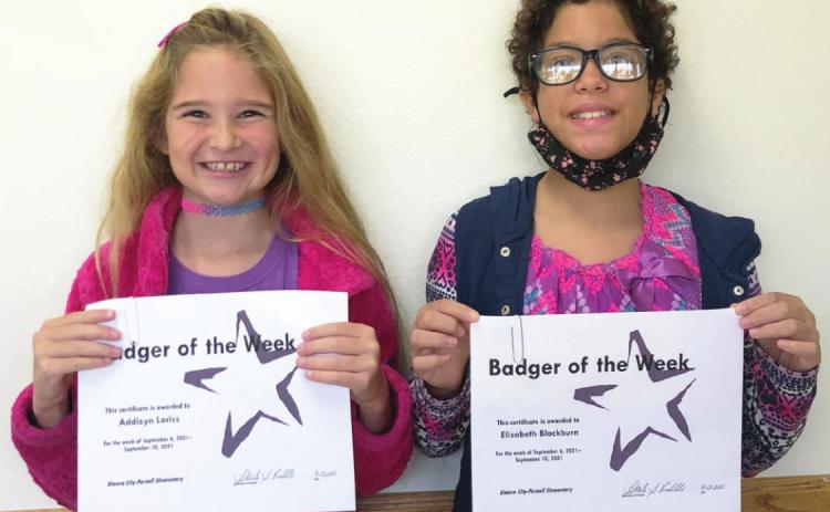 Badgers of the Week for September 6 - 10: (left) Addisyn Loriss from Mrs. Maegan McConnell’s third grade classroom and Elisabeth Blackburn from Mrs. Teri Huebner’s fourth grade classroom. Photo courtesy of Sheila Riddle