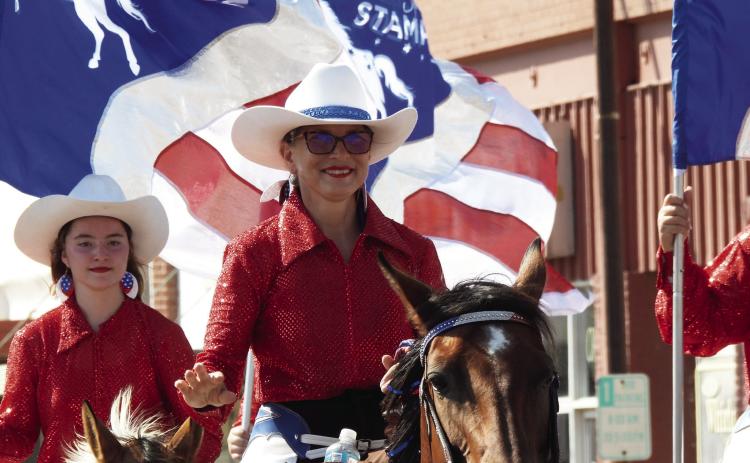 Members of the Star-Spangled Drill Team, pictured here riding in Saturday’s Heritage Days Rodeo Parade, performed during last week’s Heritage Days Rodeo in Pauls Valley. Garvin County rodeo action will continue next week as the Wynnewood Round-Up Club hosts the 65th Annual Wynnewood Rodeo July 7-8 at 8 p.m. nightly. News Star photo by Chris Mackey